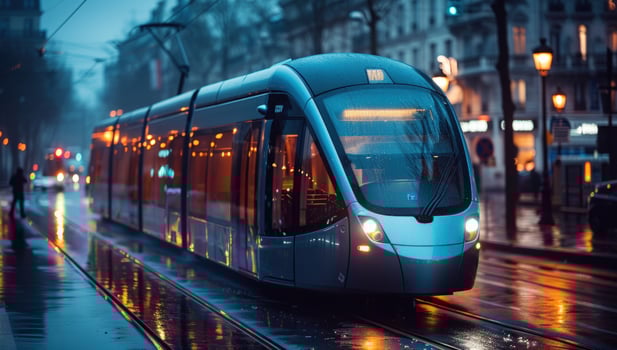 City tram at dusk modern urban transportation reflective street photo