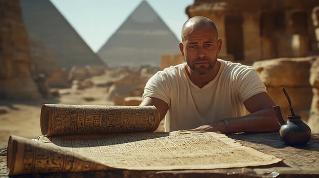 Man examines ancient scroll near pyramids. photo