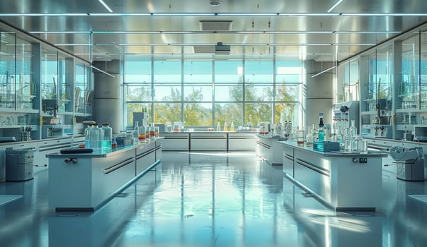 Science laboratory interior with glassware and equipment for research photo