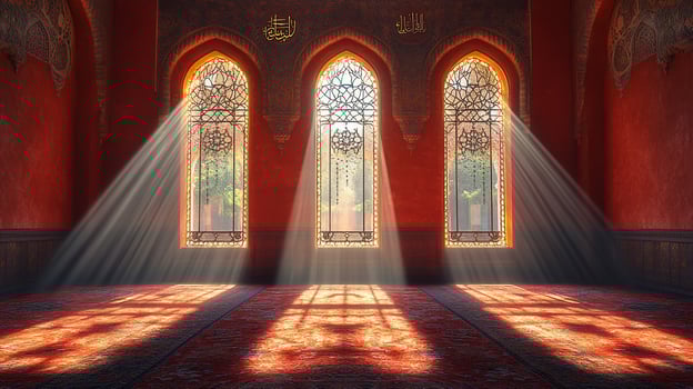 Sunbeams illuminate ornate arched windows in a red room. photo
