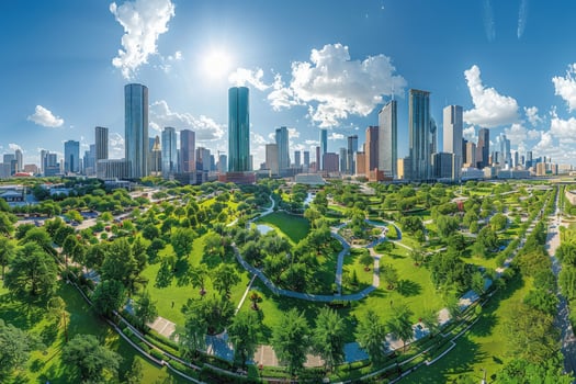 Cityscape view above urban park modern architecture and green space photo