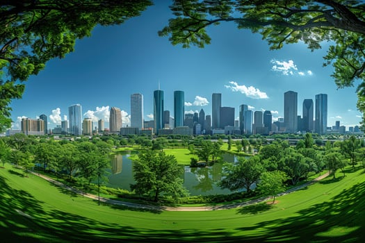 Cityscape skyline view with green park water and blue sky urban harmony and sustainable environment photo