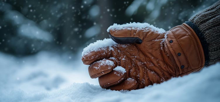 Closeup of a gloved hand in snowy winter scene. photo