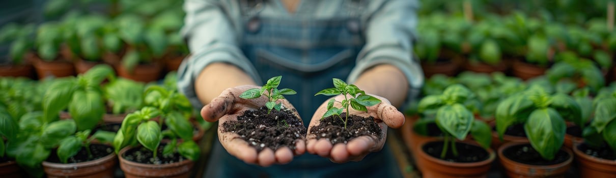 Hand holding young plant seedling in garden greenhouse photo