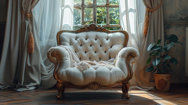 Elegant armchair near window with curtains home interior photo