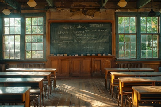 Vintage classroom interior with wooden desks and chalkboard educational concept photo