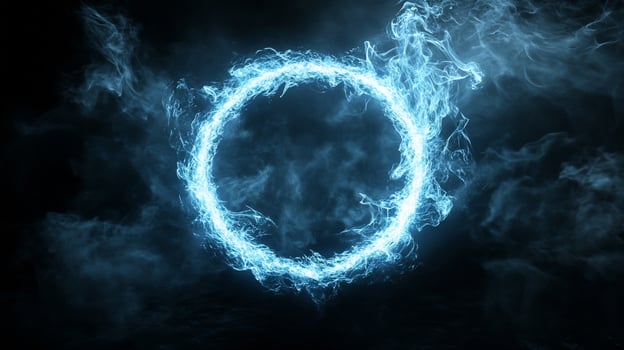 Glowing blue fire ring in dark smoky background. photo
