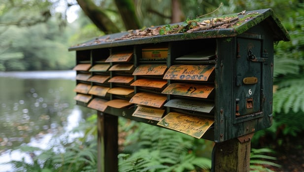 Vintage wooden mailbox amidst greenery tranquil woodland scene photo