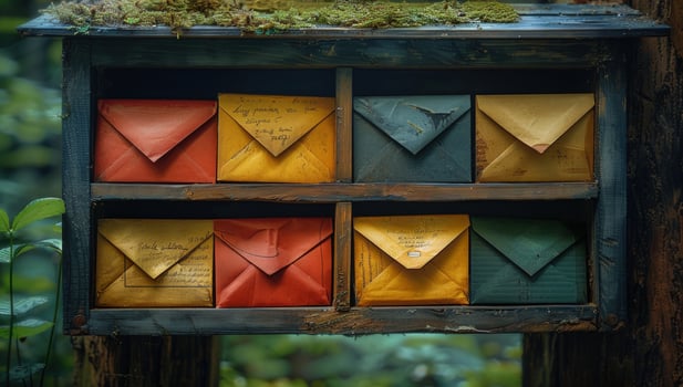 Vintage envelopes in rustic wooden box hanging on a tree trunk photo
