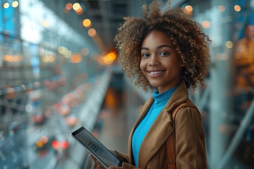 Woman using tablet for digital communication technology inside modern city urban setting photo