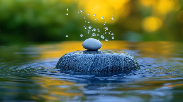 Serene water feature with stones and splashing droplets. photo