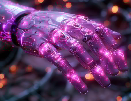 Cybernetic hand with pink glow futuristic technology and artificial intelligence concept photo