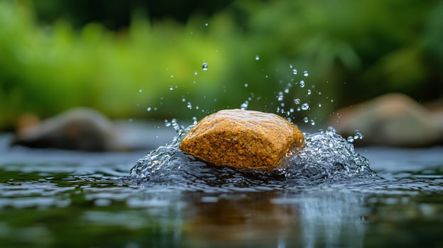 Stone splashing in calm water, nature scene. photo