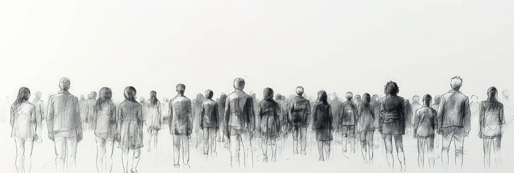 Stylized crowd illustration people from behind sketchy drawing black and white concept photo