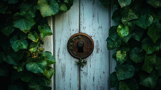 Weathered white door with rusty keyhole, overgrown with ivy. photo