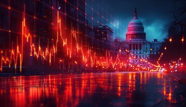 Stock market decline chart on city building architecture photo