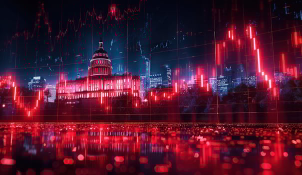 Financial downturn abstract with red candlestick charts and building in background photo
