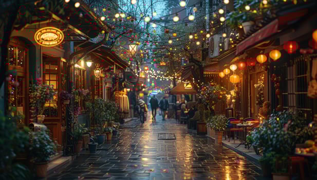 Festive street scene with string lights and cobblestone reflection photo