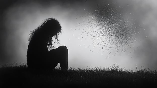 Silhouette of a sad girl sitting on grass, particles floating away. photo