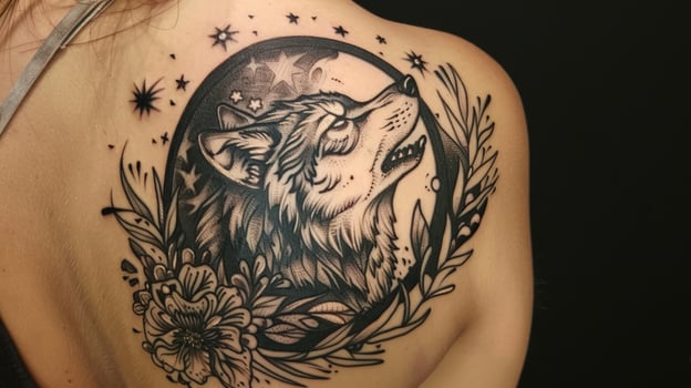 Wolf tattoo design on shoulder black and white animal art illustration photo