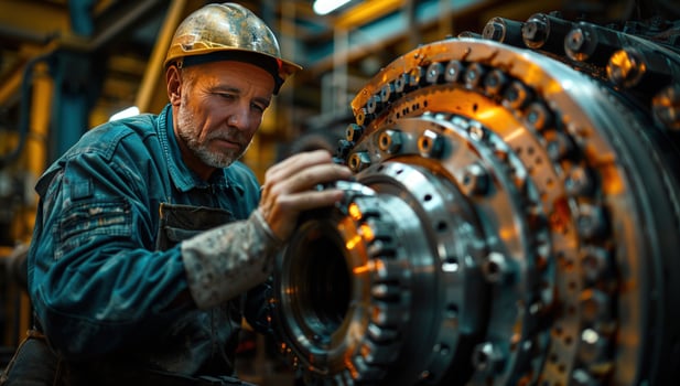 Industrial mechanic inspecting complex machine part with precision photo