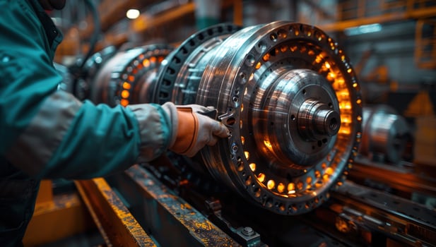 Industrial machine component being worked on in factory environment photo