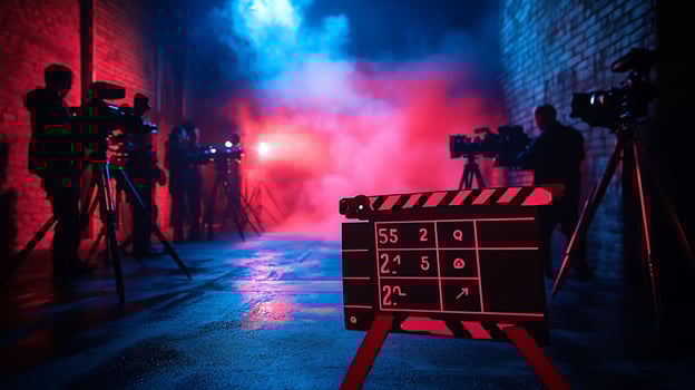 Film crew shooting a scene in a dark alley. photo