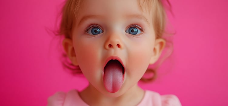 Adorable toddler girl with blue eyes sticking out tongue playfully against pink background. photo
