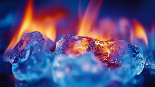 Closeup of ice cubes glowing with vibrant orange and blue firelight. photo
