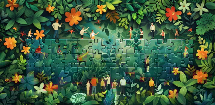 People connect on jigsaw puzzle surrounded by foliage illustration symbolizing teamwork photo