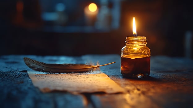 A candle and a quill on a wooden table with a candle flame and a feather photo