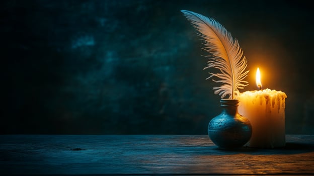 Candle and feather on wooden table with dark background photo