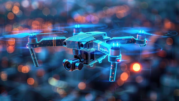 Modern drone hovering in the air with bokeh background technological advancement photo