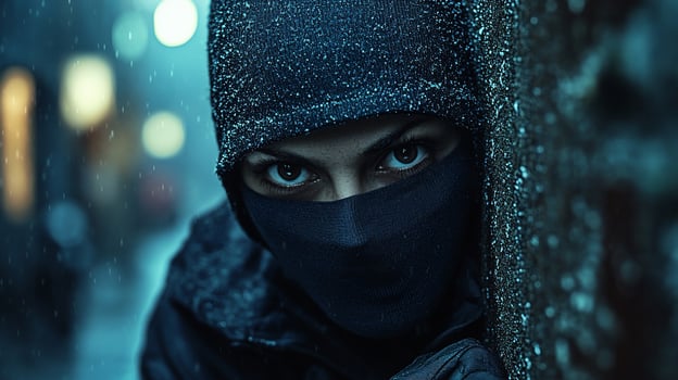A woman in a hoodie and face mask is peeking out from behind a wall photo