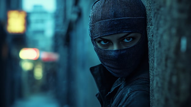 A woman in a hoodie and mask is leaning against a wall photo