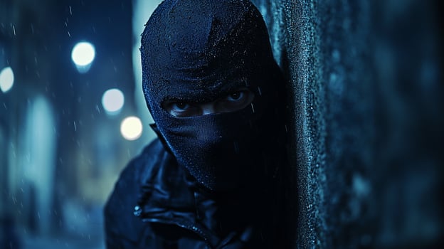 A man in a black mask is leaning against a wall photo