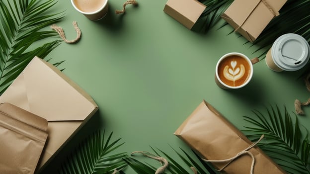 Eco packaging still life with green background and coffee photo