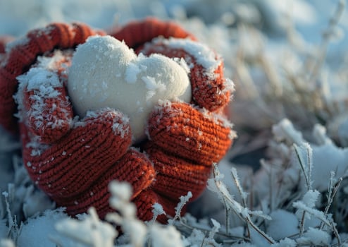 Winter heart snowball held in knit mittens in snowy landscape photo