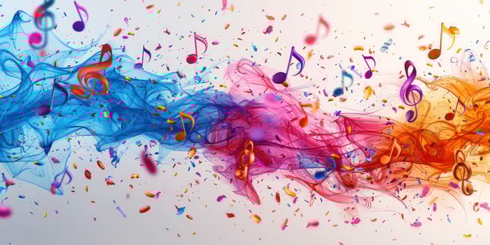 Musical abstract with colorful flowing smoke and notes on clean background photo