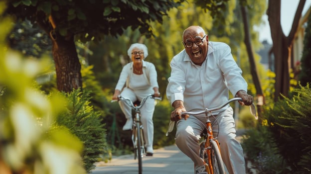 Active senior couple ride bicycles together on sunny day healthy outdoor lifestyle photo