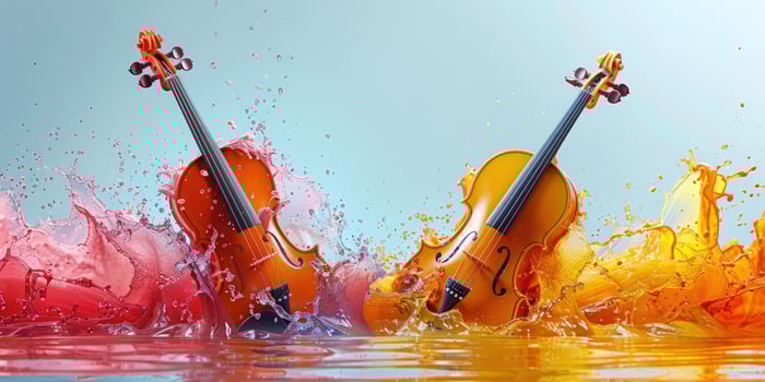 Violins splashed with colorful liquid abstract music art photo