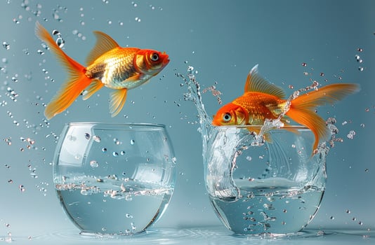 Goldfish leaping from water glass capturing aquatic still life photo