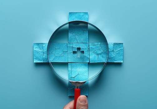Medical research and discovery with magnifying glass examining healthcare symbol photo