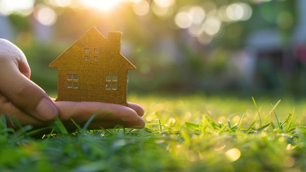 Wooden house model in hand on green grass with sunlight photo