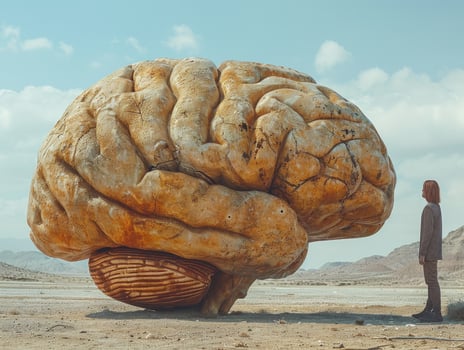 Stone brain in desert landscape person contemplates mental concept photo