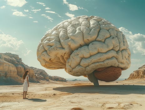 Large brain in desert landscape representing human mind and intelligence concept photo