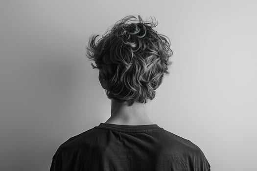Monochrome portrait of person with curly hair from behind photo