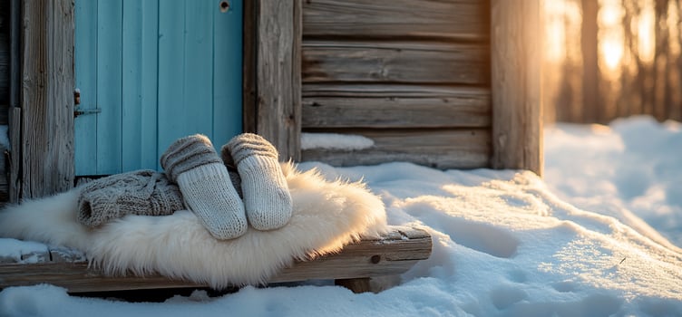 Winter boots and mittens on a wooden bench photo