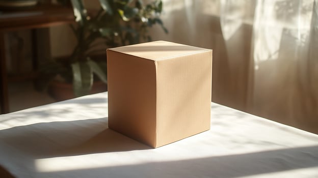 A cardboard box sitting on a table in front of a window photo