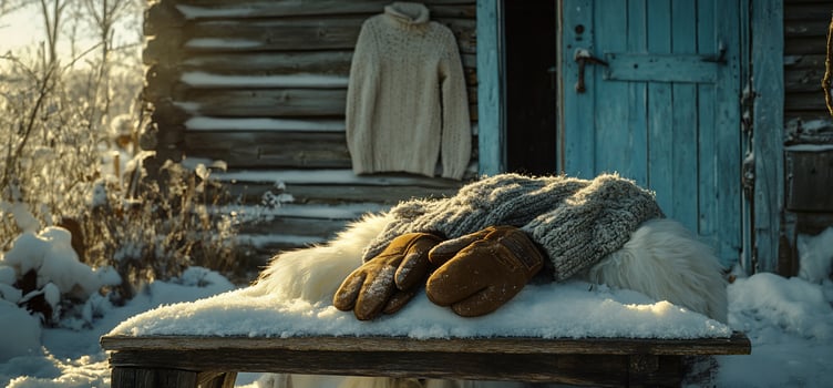 A pair of mittens and a sweater are sitting on a bench in the snow photo